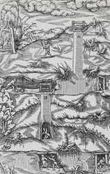 Gravure uit De re metallica (Over de aard van metalen), door Georg Pawer of Georgius Agricola (1494-1555), gepubliceerd in Basel