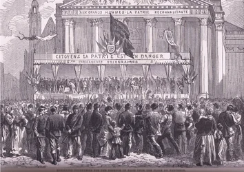 Vrijwilligers inschrijven voor de verdediging van Parijs, Cassells Geschiedenis van de Oorlog tussen Frankrijk en Duitsland gepubliceerd door Cassell and Company Limited, ca. 1890