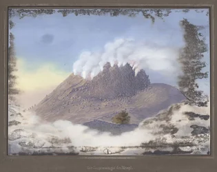 Uitbarsting bij de Merapi Vulkaan met een uitzicht op het oostelijke einde van de krater, november 1836, pl.VI uit Topographischer und naturwissenschaftlicher Atlas zur Reise durch Java, door Dr. Fr. Junghuhn, Magdebu