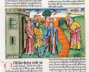 Exodus 7, 8-25: de staf van Aäron in de vorm van een slang verslindt de slangen van de wijzen en tovenaars van de farao, en Mozes verandert het water van de Nijl in bloed, uit de Neurenbergse Bijbel (Biblia Sacra)