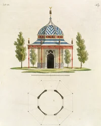 Exterieur van een Chinese tuin tempel, uit Recent New Ideas for the Garden, gepubliceerd 1779