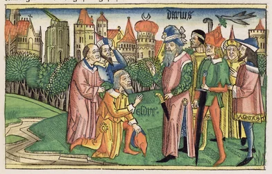 Ezra 6:16 De tempel van Jeruzalem wordt ingewijd door koning Darius, uit de Neurenbergse Bijbel (Biblia Sacra Germanaica)