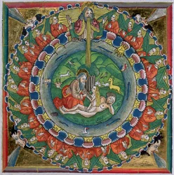 Facsimile kopie van Genesis 2:22 God schiep Eva, uit de Neurenbergse Bijbel (Biblia Sacra Germanaica)