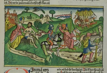 Facsimile kopie van Job: Frontispice, Job wordt berispt door zijn vrouw, zijn huis en familie vernietigd door een orkaan en zijn vee gestolen, uit de Neurenbergse Bijbel (Biblia Sacra Germanaica)