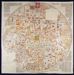 Facsimile kopie van de "Ebstorf Mappamundi", gemaakt voor het klooster in Ebstorf, bij Luneberg, ca.1339 (prent)