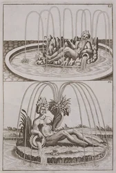 Fonteinen, uit Architectura Curiosa Nova door Georg Andreas Bockler, gepubliceerd 1704