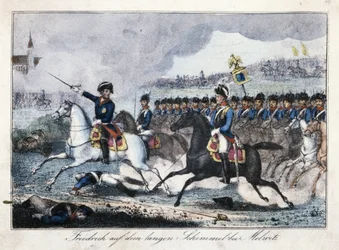 Frederik op zijn witte paard bij Molwitz