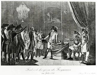 Frederik de Grote ontvangt zijn zwager, Frederik, markgraaf van Brandenburg-Bayreuth als vrijmetselaar in Berlijn in 1740