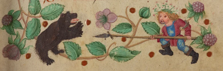 Jager met krans te voet die een beer spiest, c. 1475-1485