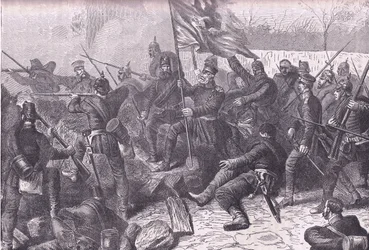 Generaal von Budretzky leidt de aanval op Le Bourget, Cassells Geschiedenis van de oorlog tussen Frankrijk en Duitsland uitgegeven door Cassell and Company Limited, ca. 1890