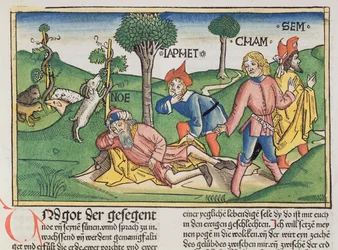 Genesis 9, 20-27: Noach bedekt met een mantel door zijn zonen Sem, Cham en Jafet, uit de Neurenbergse Bijbel (Biblia Sacra Germanaica), gekleurde houtsnede