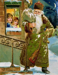 Groengerobde kerstman, Duitse kaart, ca.1900 (prent)