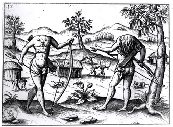 Hoofdloze mannen en vrouwen, illustratie uit het verslag van Sir Walter Raleigh over Guyana, gepubliceerd in Neurenberg, 1599