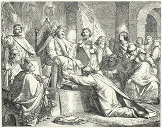 Hendrik de Leeuw, hertog van Saksen, onderwerpt zich aan Frederik Barbarossa in Erfurt