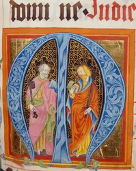 Geïllustreerde Initiaal M met de Heiligen Petrus en Paulus, uit het Graduale van Friedrich Zollner van Langenzenn, 1439-42