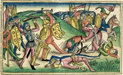 1 Koningen 15:16 Oorlog tussen Asa en Baësa, uit de Neurenbergse Bijbel (Biblia Sacra Germanaica)
