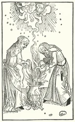 Illustratie uit een verhandeling van Ulrich Molitor over waarzeggende vrouwen en hekserij (gravure)