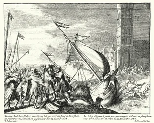 Jacob II van Engeland gevangen door vissers in Faversham, Kent, terwijl hij probeerde naar Frankrijk te vluchten
