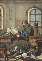 Luther vermomd als Junker Jorg in Wartburg vertaling van het Nieuwe Testament (chromolitho)