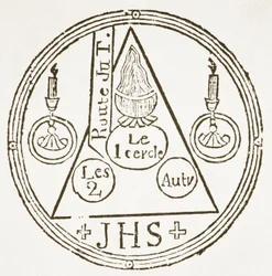 Magische Cirkel, kopie van een illustratie uit Dreyfacher Hollenzwang door Dr Faustens, Passau 1407, Gereproduceerd in Das Kolster Vol V, door J Scheible, 1845, gebruikt in Geschiedenis van de Magie, gepubliceerd eind 19e eeuw