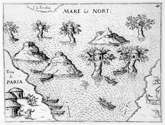 Kaart van de kust van Guyana, illustratie uit Regni Guianae door G. Raleigh