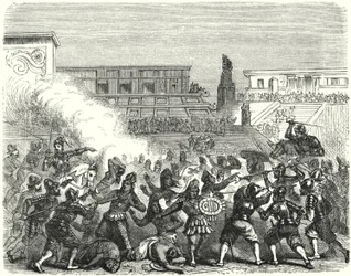 Bloedbad van Azteekse krijgers en edelen in Cholula door de Spaanse conquistadores van Hernan Cortes