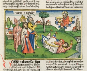 Numeri 16:32: de aarde verzwelgt de opstandelingen Datan en Abiram, uit de Neurenbergse Bijbel (Biblia Sacra Germanica)
