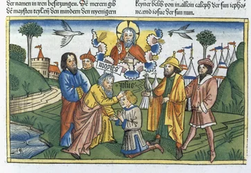 Numeri 27:18-23 Mozes legt zijn hand op Jozua, uit de Neurenbergse Bijbel (Biblia Sacra Germanaica)