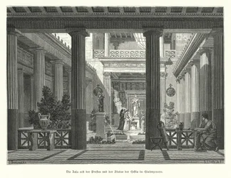 Open hof van een Oud-Grieks huis, met een standbeeld van de godin Hestia op de achtergrond