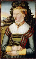 Portret van een vrouw. Schilderij van een meester uit Oost-Duitsland (actief 16e eeuw)