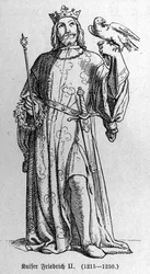 Portret van Frederik II van Hohenstaufen (1194-1250), Koning van het Heilige Roomse Rijk. Gravure in 