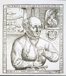 Portret van Theothrastus Paracelsus (1493-1541), kopie van een illustratie uit zijn boek Astronomica et Astrologica Pouscula, Keulen 1567, gebruikt in Geschiedenis van de Magie, gepubliceerd eind 19e eeuw