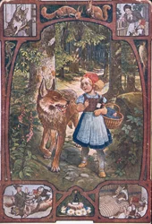 Ansichtkaart met scènes uit Roodkapje, c.1910