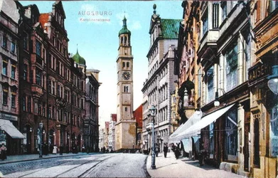 Ansichtkaart die de Karolinenstrasse in Augsburg afbeeldt, c.1910