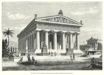 Reconstructie van de oude Griekse tempel van Poseidon, Paestum, Italië