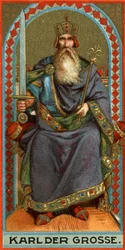 Voorstelling van Karel de Grote (742-814), koning van de Franken, de Lombarden en vervolgens keizer. Chromolithografie.