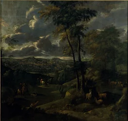 Ruiter in een landschap met een stad