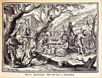 Plattelandsmensen in de Middeleeuwen. Duitse gravure uit de 18e eeuw. Anoniem. Bibl. van de Deco Arts.