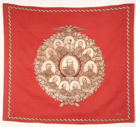 Sjaal met afbeelding van de Duitse keizer, Wilhelm I (1797-1888) omringd door Bismarck en zegevierende maarschalken ter viering van de Frans-Duitse Oorlog, 1870