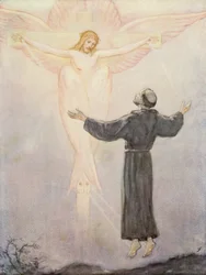 Franciscus ontvangt zijn stigmata (kleurenlitho)