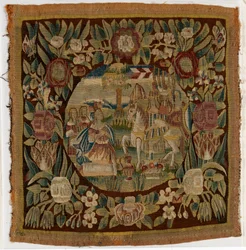 Wandtapijtkussenhoes met David en Abigail, Samuel XXV, mogelijk gemaakt in Hamburg, Duitsland, ca. 1615