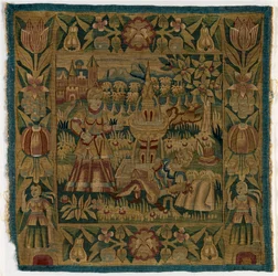 Wandtapijtkussenhoes die Pyramus en Thisbe uitbeeldt, gemaakt in Hamburg, Duitsland, c.1615