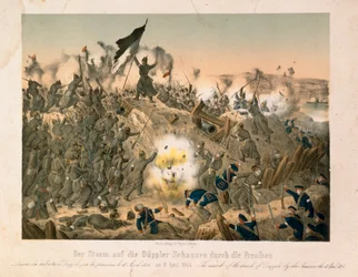 De Slag bij Dybboel in de Tweede Sleeswijkse Oorlog, op 18 april 1864, gepubliceerd door Verlag A. Felgner, Berlijn, 1864