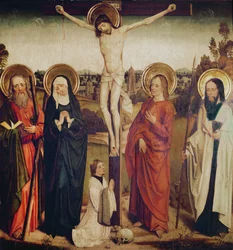 De Kruisiging, met Sint Andreas, Sint Matteüs en een man knielend aan de voet van het kruis
