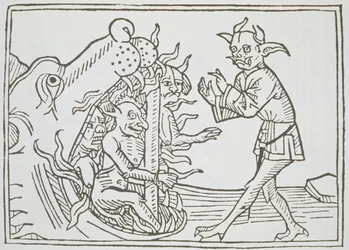 De Duivel Belial voor de Poorten van de Hel, uit Das Buch Belial, gepubliceerd in Augsburg, 1473