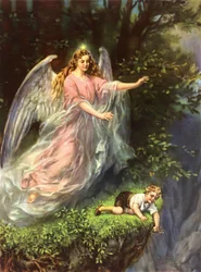 De beschermengel. Duitse chromolithografie uit het einde van de 19e eeuw.