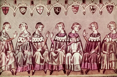 De zeven keurvorsten kiezen Hendrik VII, Heilige Roomse Keizer, illustratie uit de Kroniek van Hendrik VII (Balduineum) 1341