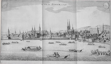 De Stad Zürich, Zwitserland, uit Deel II van Itinera Alpina door Johann Jacob Scheuchzeri, gepubliceerd 1706