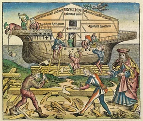 De bouw van de Ark van Noach, gepubliceerd in de Neurenberg Kroniek, 1493