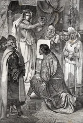 De kroning van Erik XIII van Pommeren als koning van de Noordse koninkrijken Zweden, Denemarken en Noorwegen, door Margaretha I van Denemarken